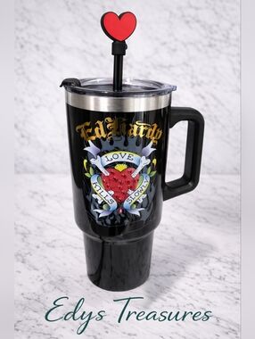 Ed Hardy Love Kills Slowly Black Tumbler With Handle & Straw | Rhinestone 40 oz